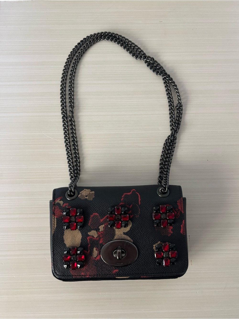 Coach Black Floral Crossbody with Red Gem Accents